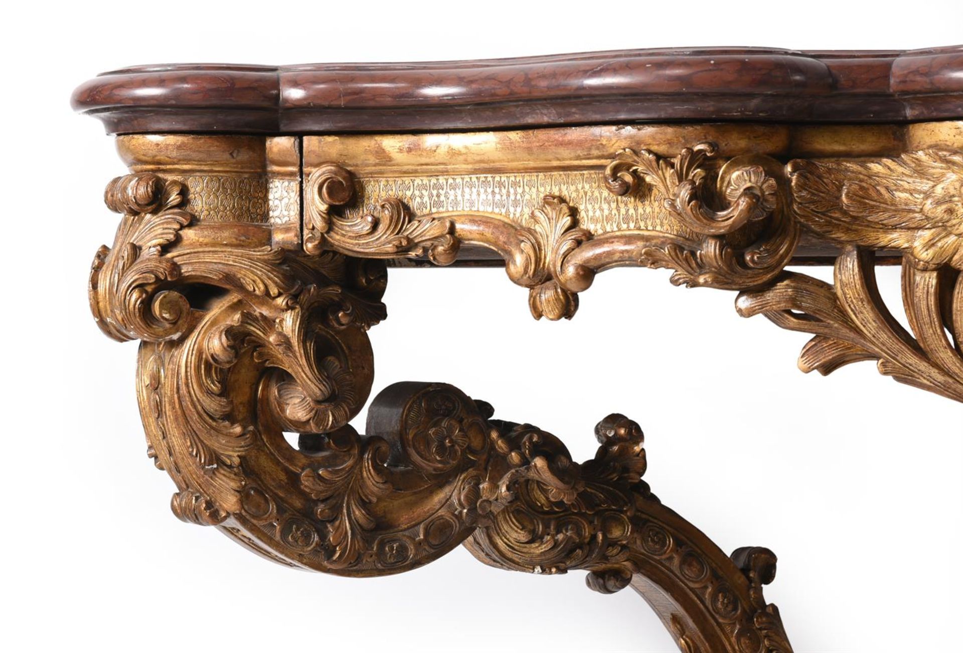 A CARVED GILTWOOD AND GESSO CONSOLE TABLE, STAMPED H. NELSON, PROBABLY 19TH CENTURY - Image 4 of 10