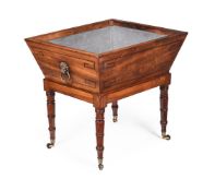 Y A REGENCY MAHOGANY AND EBONY INLAID WINE COOLER ON STAND, CIRCA 1815