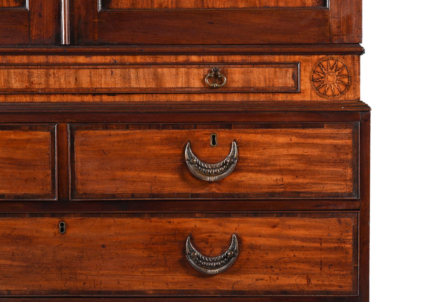A GEORGE III MAHOGANY, CROSSBANDED AND INLAID CLOTHES PRESS, CIRCA 1790 - Image 3 of 8
