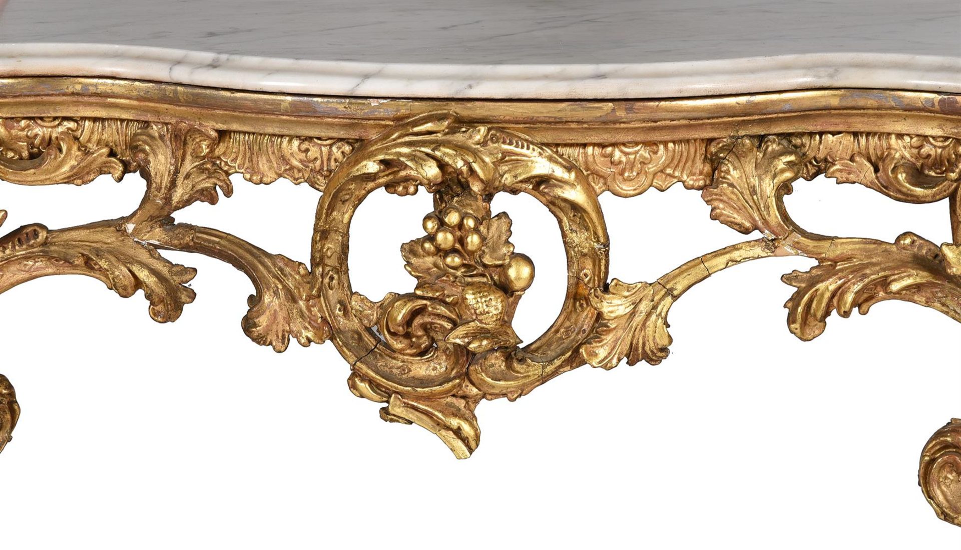 A PAIR OF LOUIS XV STYLE GILTWOOD AND GESSO CONSOLE TABLES, FIRST HALF 19TH CENTURY - Bild 8 aus 13