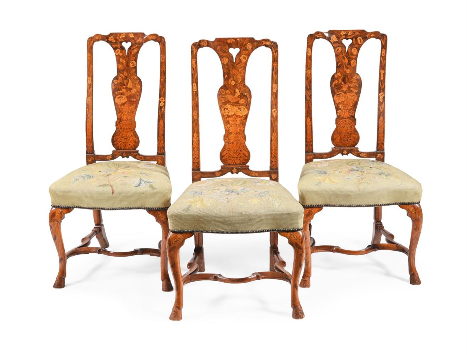 A SET OF THREE DUTCH WALNUT AND MARQUETRY CHAIRS, 18TH CENTURY