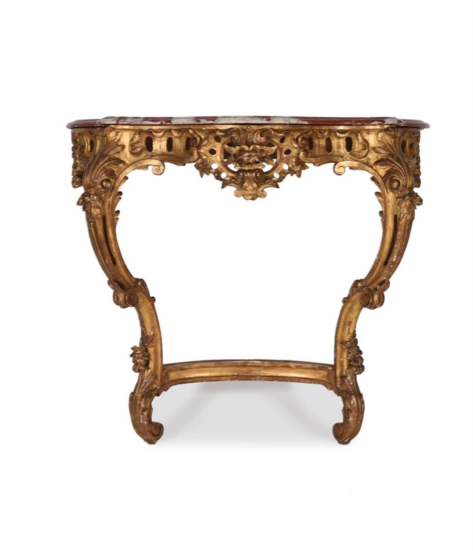 A FRENCH CARVED GILTWOOD CONSOLE TABLE, IN LOUIS XV STYLE, MID 19TH CENTURY