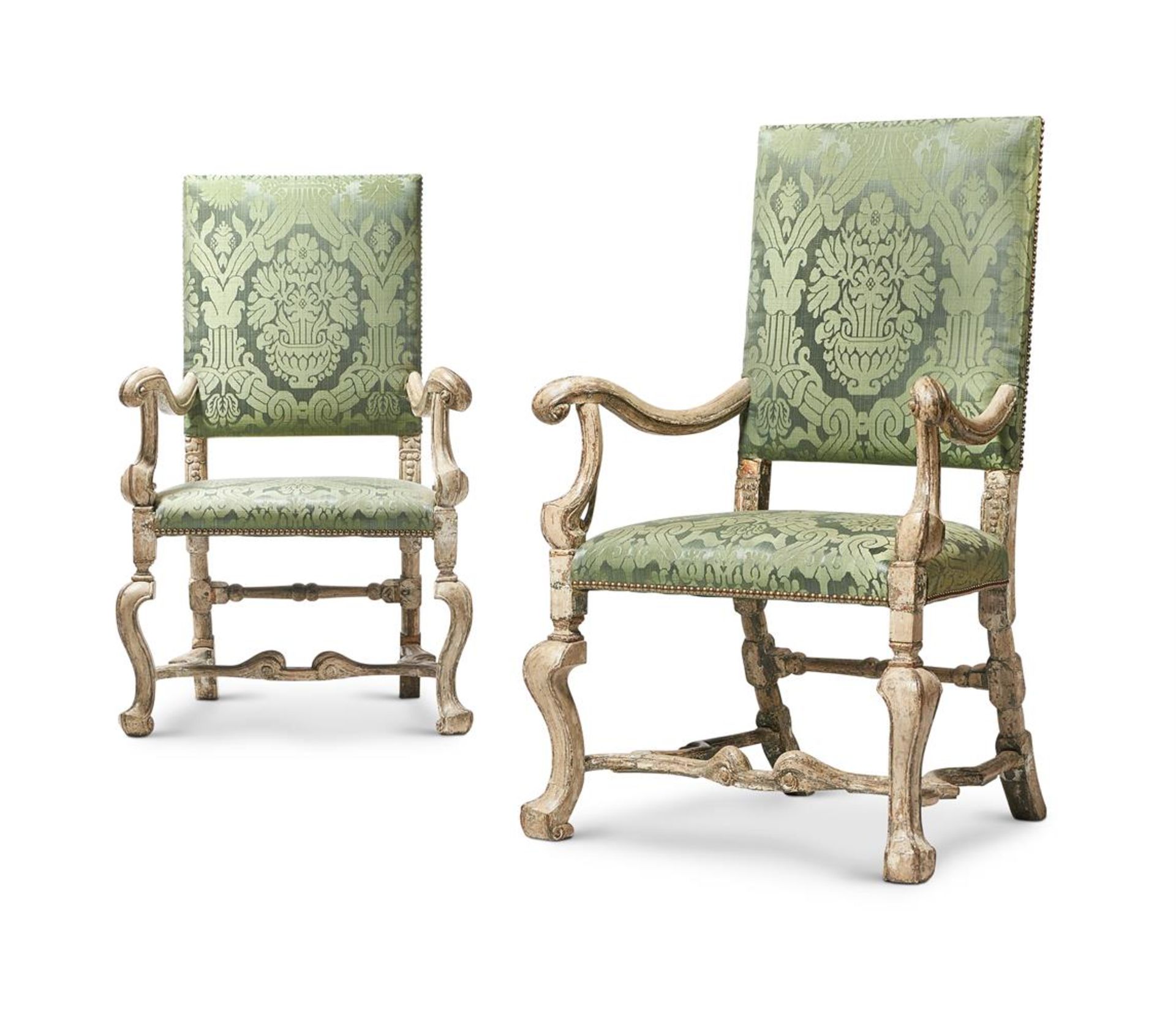 A PAIR OF CARVED WOOD, PAINTED AND SILVERED ARMCHAIRS, ONE CIRCA 1700 - Image 2 of 2
