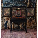 Y A FLEMISH EBONY, TORTOISESHELL AND POLYCHROME PAINTED CABINET ON STAND