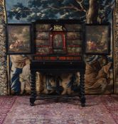 Y A FLEMISH EBONY, TORTOISESHELL AND POLYCHROME PAINTED CABINET ON STAND