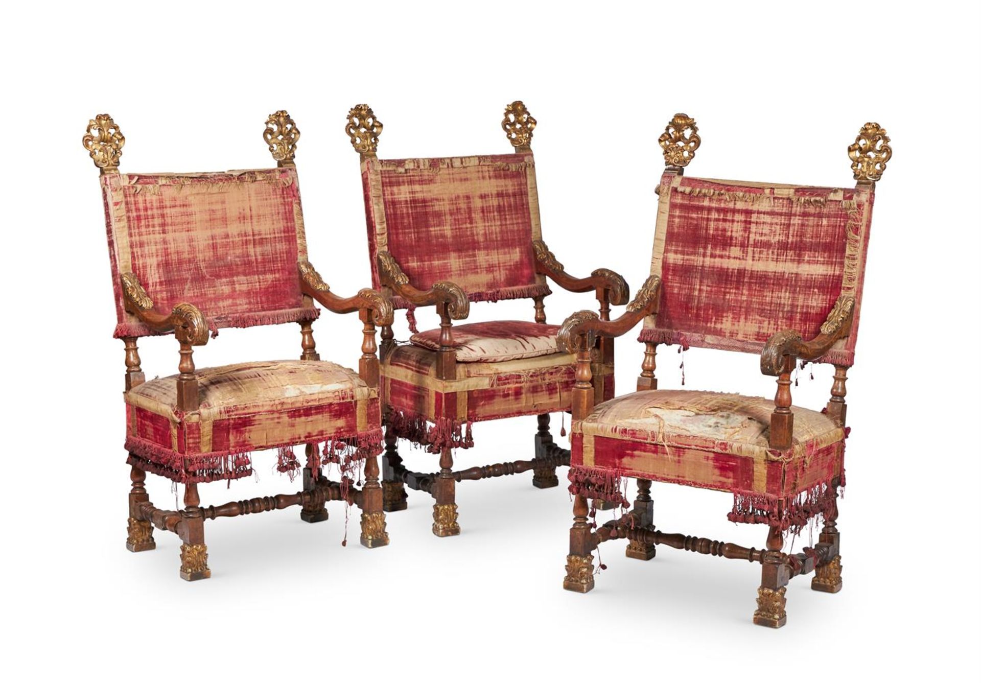 A SET OF THREE ITALIAN WALNUT AND PARCEL GILT ARMCHAIRS, LATE 17TH OR EARLY 18TH CENTURY
