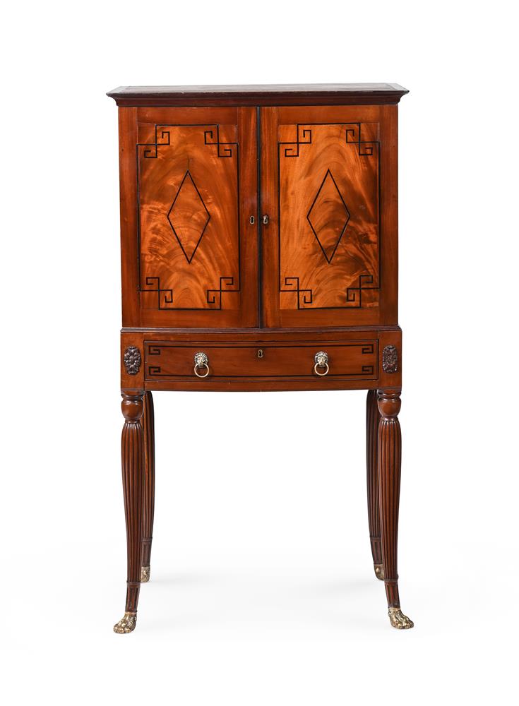 Y A REGENCY MAHOGANY AND EBONY STRUNG CABINET ON STAND, CIRCA 1815