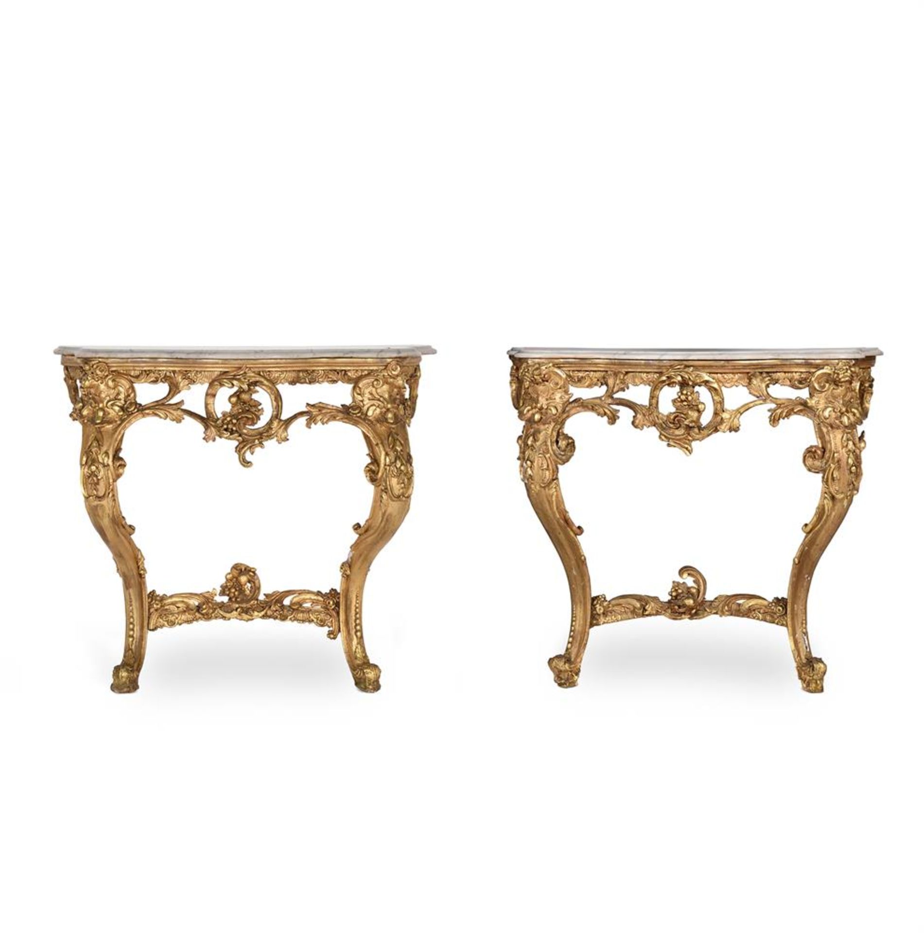 A PAIR OF LOUIS XV STYLE GILTWOOD AND GESSO CONSOLE TABLES, FIRST HALF 19TH CENTURY