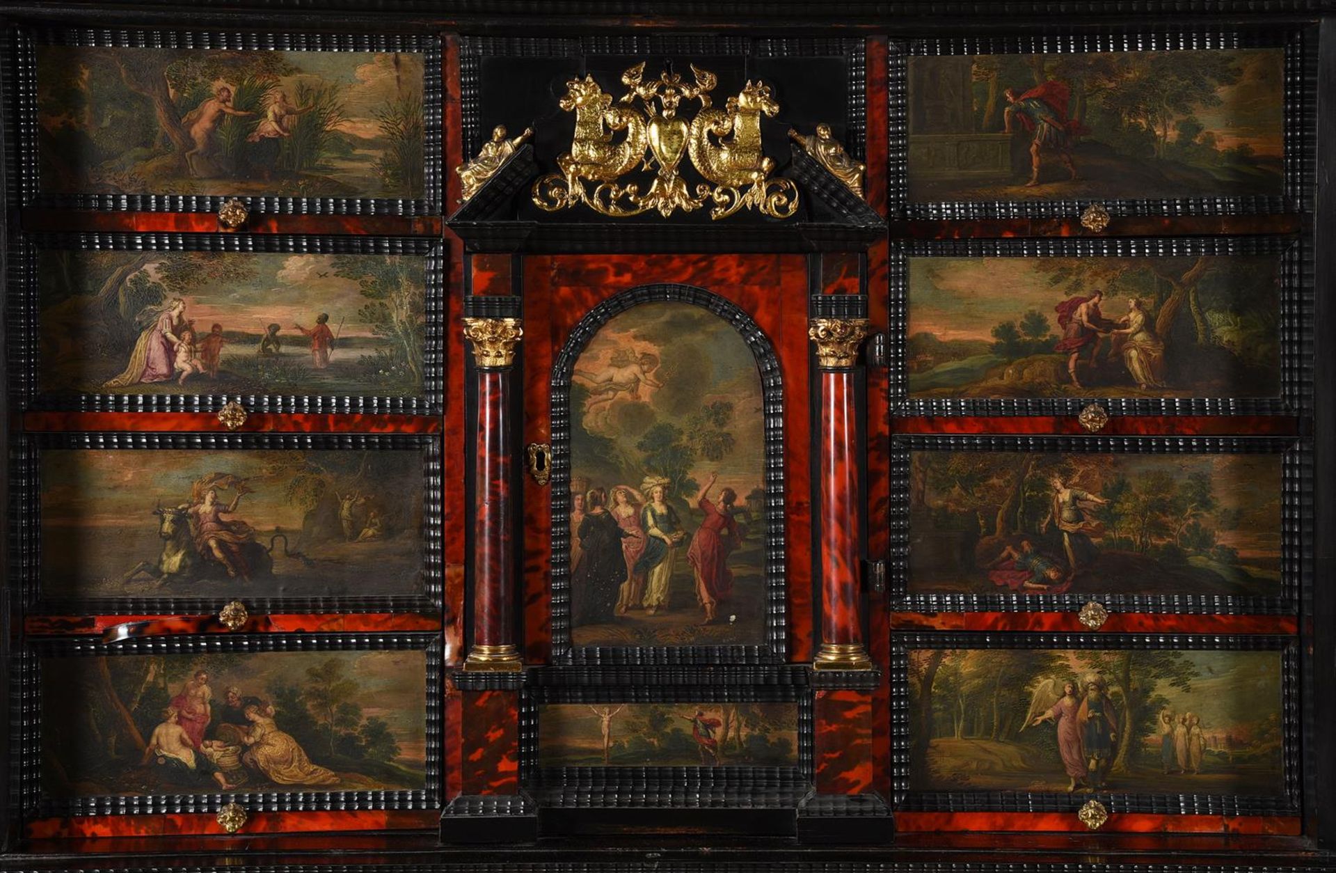 Y A FLEMISH EBONY, TORTOISESHELL AND POLYCHROME PAINTED CABINET ON STAND - Image 11 of 26