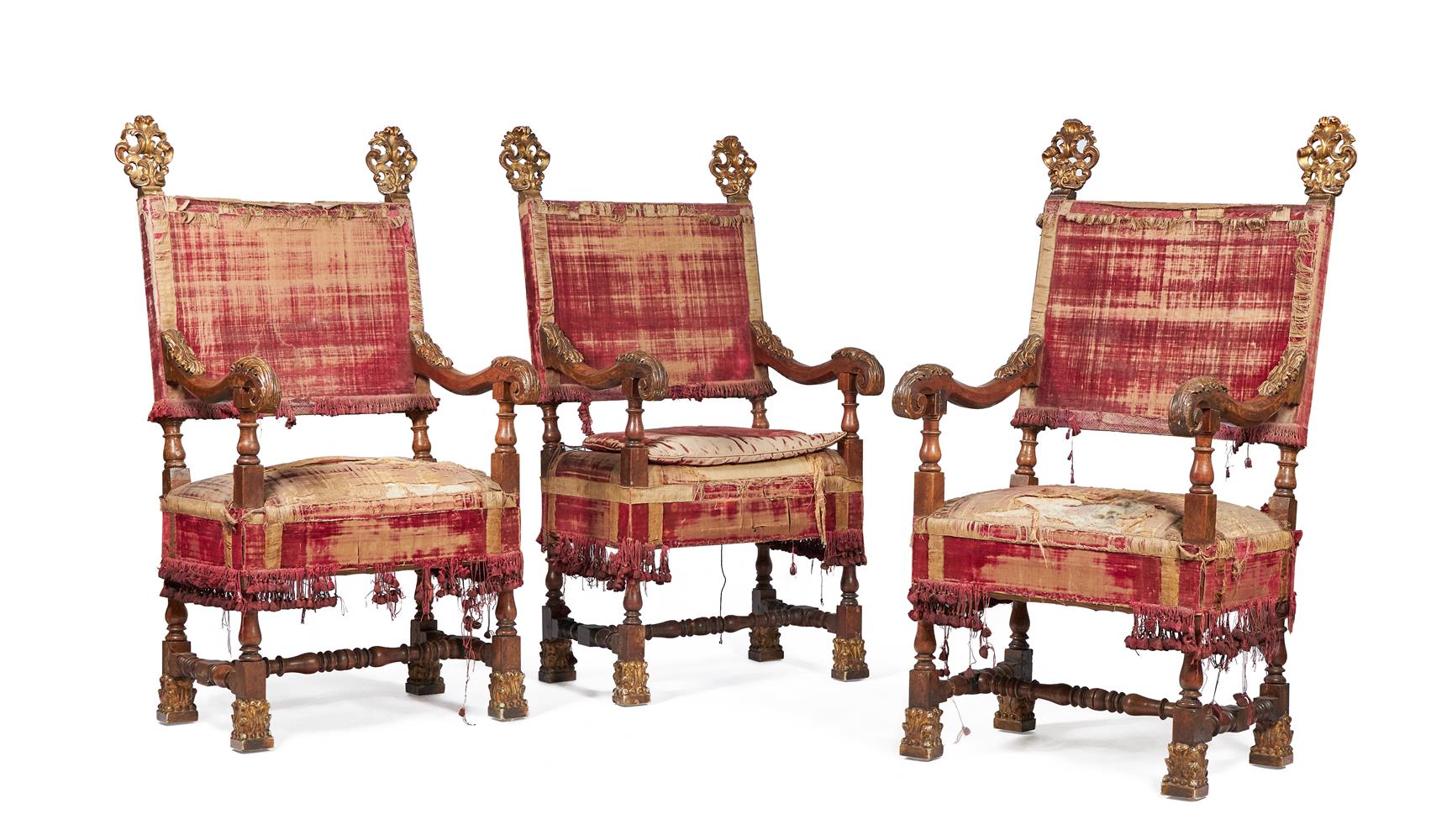 A SET OF THREE ITALIAN WALNUT AND PARCEL GILT ARMCHAIRS, LATE 17TH OR EARLY 18TH CENTURY - Image 2 of 2