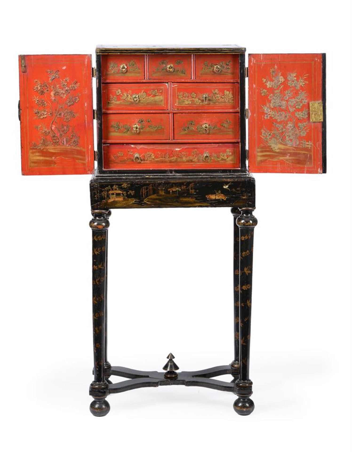 Y A BLACK LACQUER, GILT CHINOISERIE AND MOTHER OF PEARL INLAID CABINET ON STAND - Image 4 of 7