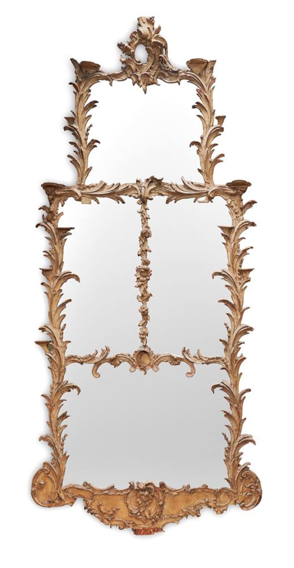 AN EARLY GEORGE III CARVED PINE AND CARTON PIERRE WALL MIRROR, CIRCA 1760