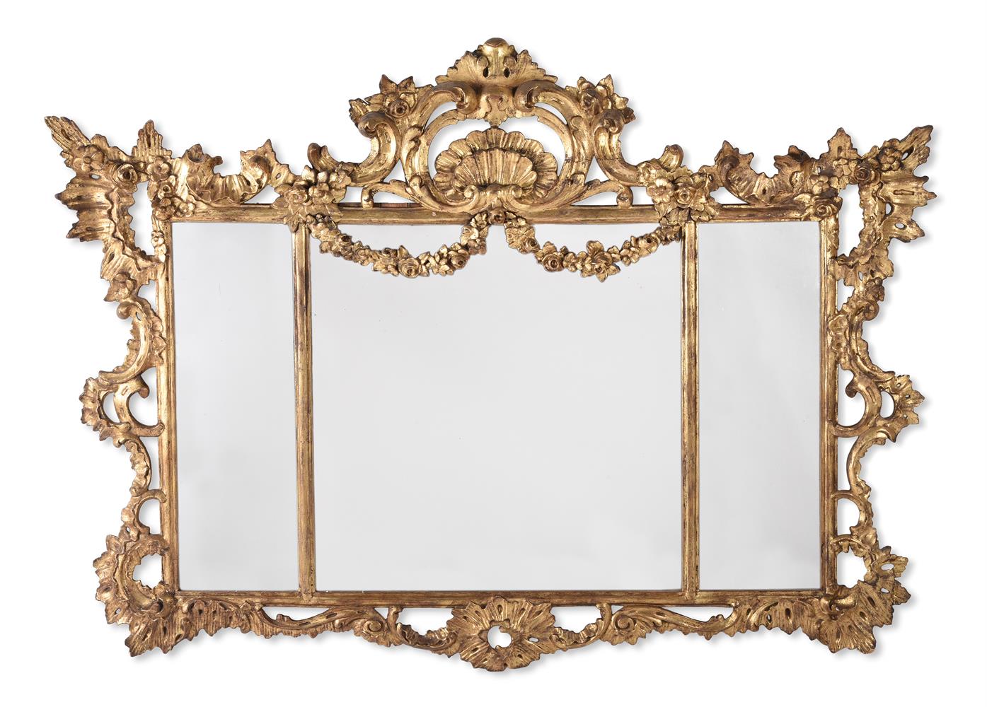 A LARGE CARVED GILTWOOD TRIPTYCH MIRROR, IN GEORGE III STYLE, MID 19TH CENTURY