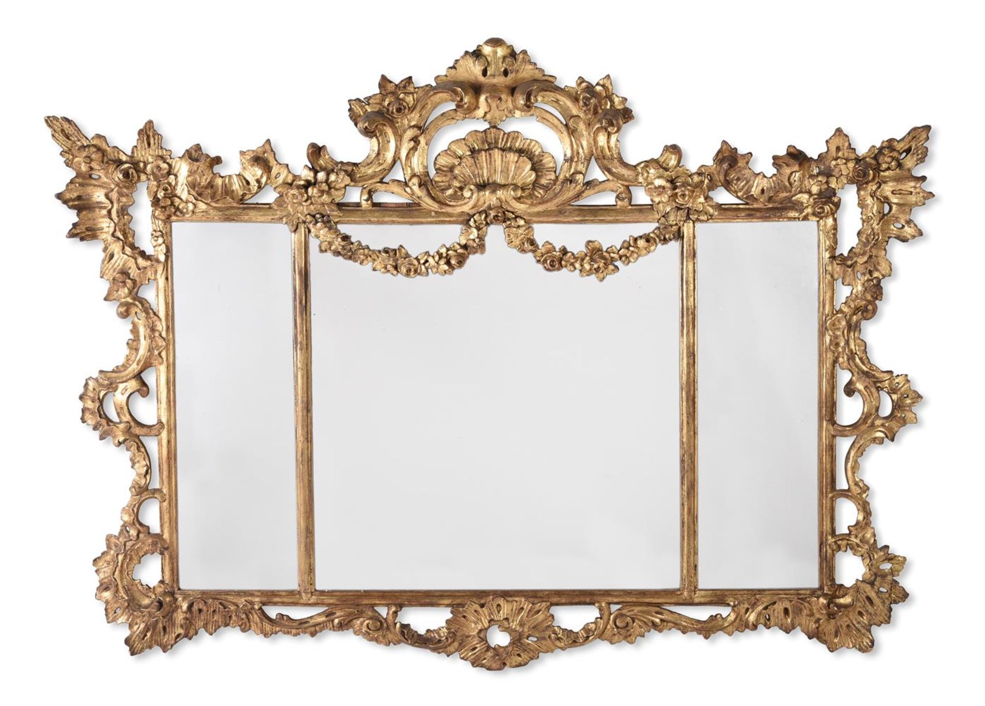A LARGE CARVED GILTWOOD TRIPTYCH MIRROR, IN GEORGE III STYLE, MID 19TH CENTURY