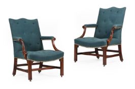 A PAIR OF MAHOGANY AND UPHOLSTERED ARMCHAIRS, ONE ARMCHAIR, GEORGE III, CIRCA 1760, THE OTHER LATER