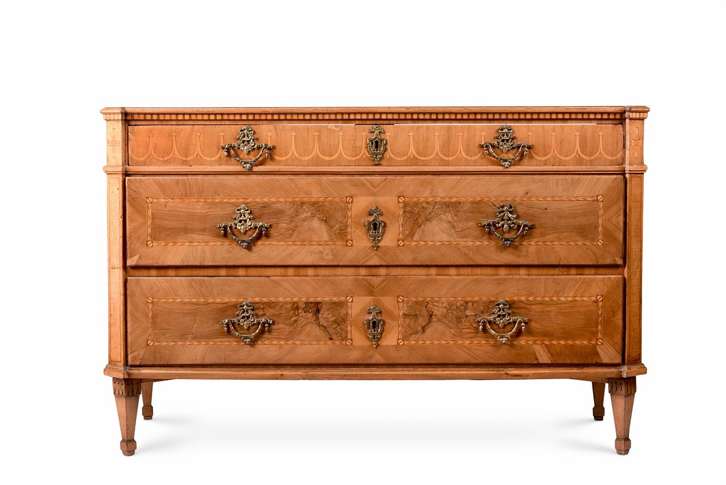 A CONTINENTAL WALNUT, FIGURED WALNUT, MARQUETRY AND PARQUETRY DECORATED COMMODE