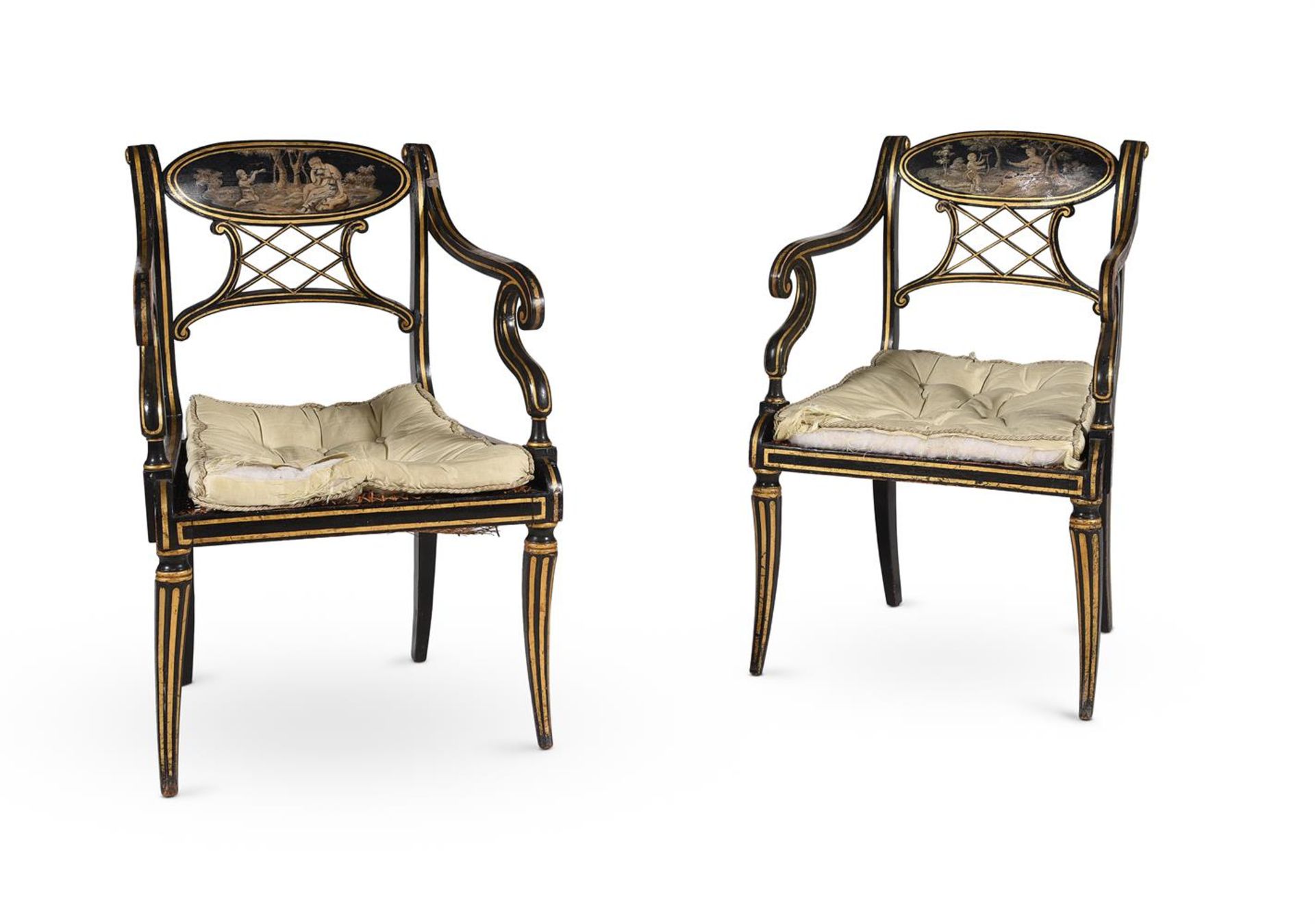 A PAIR OF GEORGE III PAINTED AND PARCEL GILT ARMCHAIRS, CIRCA 1800 - Bild 2 aus 6
