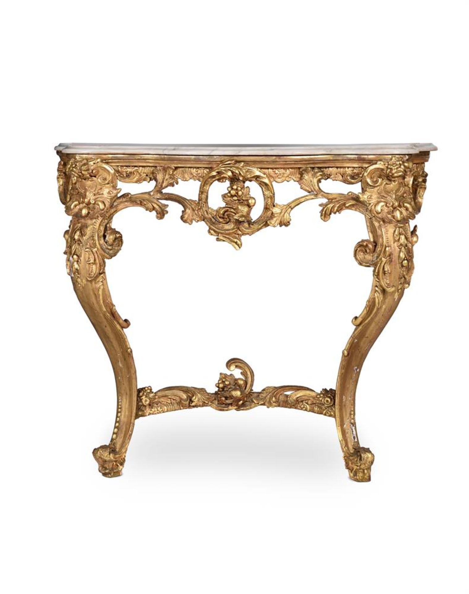 A PAIR OF LOUIS XV STYLE GILTWOOD AND GESSO CONSOLE TABLES, FIRST HALF 19TH CENTURY - Bild 3 aus 13