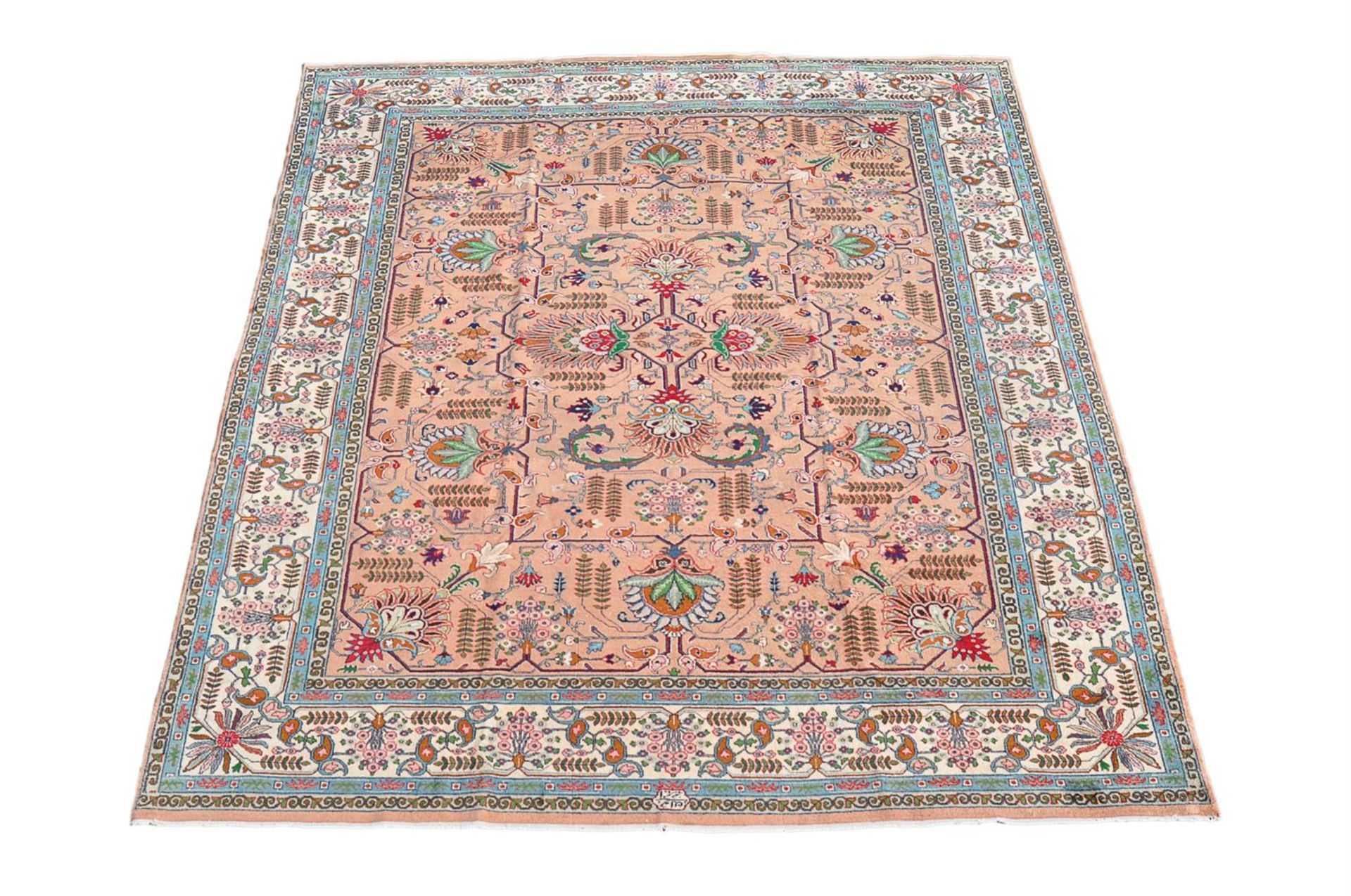 A TABRIZ CARPET, SIGNED BY MASTER WEAVER JAVAN AMIR KHIZ, approximately 386 x 313cm