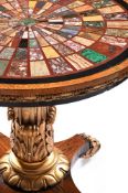 Y A GEORGE IV ROSEWOOD, 'BIRD'S EYE' MAPLE, PARCEL GILT AND SPECIMEN MARBLE PEDESTAL TABLE, CIRCA 18