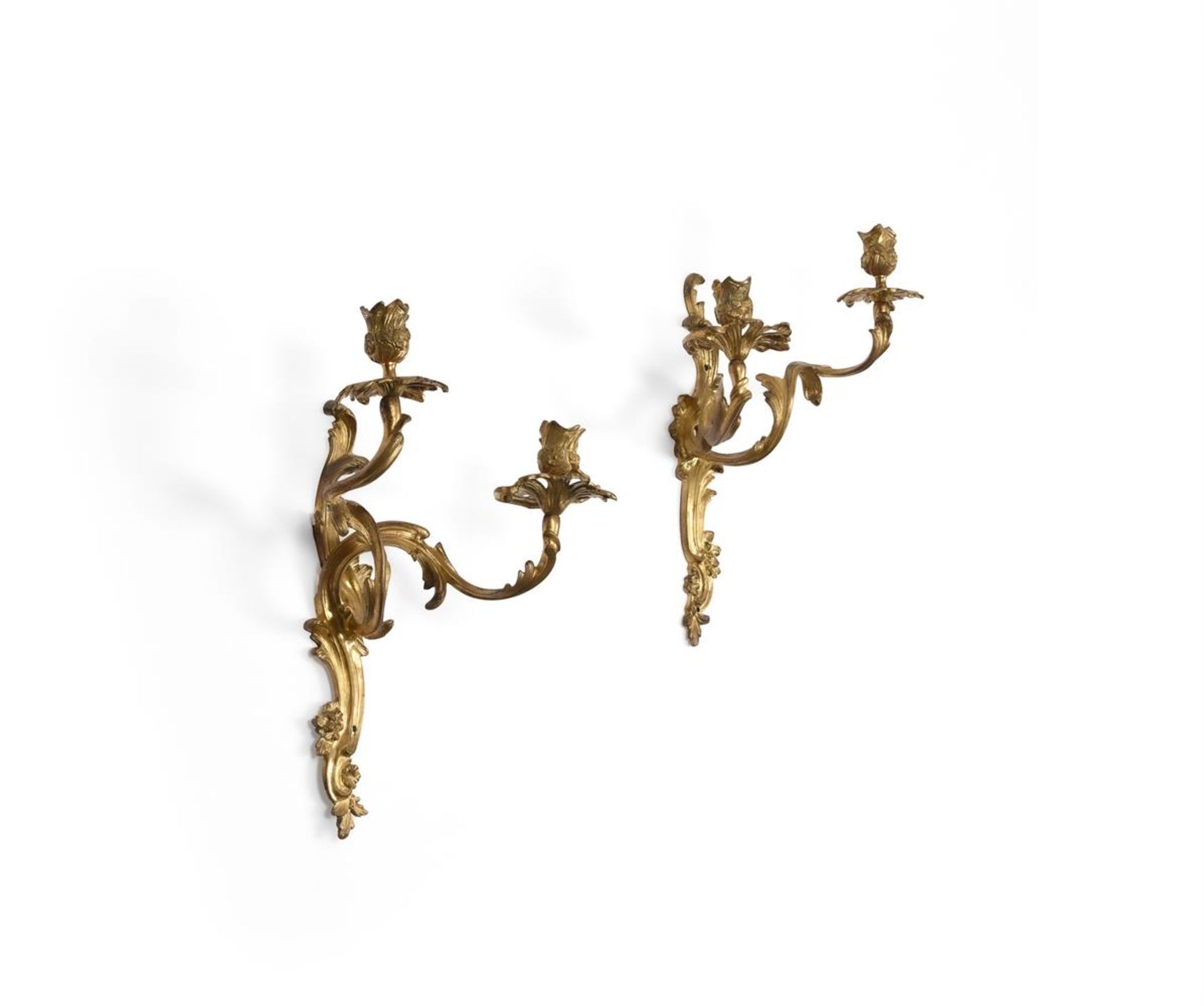 A PAIR OF LOUIS XV ORMOLU TWO LIGHT WALL LIGHTS, MID 18TH CENTURY - Image 2 of 3