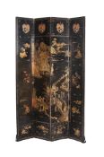 A CHINESE EXPORT BLACK LACQUER AND GILT DECORATED FOUR-FOLD SCREEN, 18TH OR 19TH CENTURY
