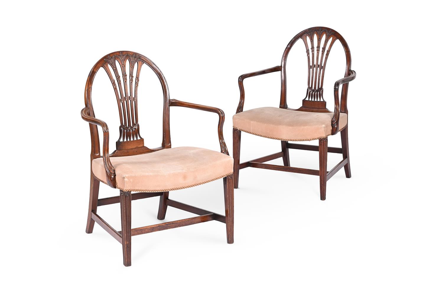 A PAIR OF GEORGE III MAHOGANY OPEN ARMCHAIRS AFTER DESIGNS BY GEORGE HEPPLEWHITE - Image 2 of 2