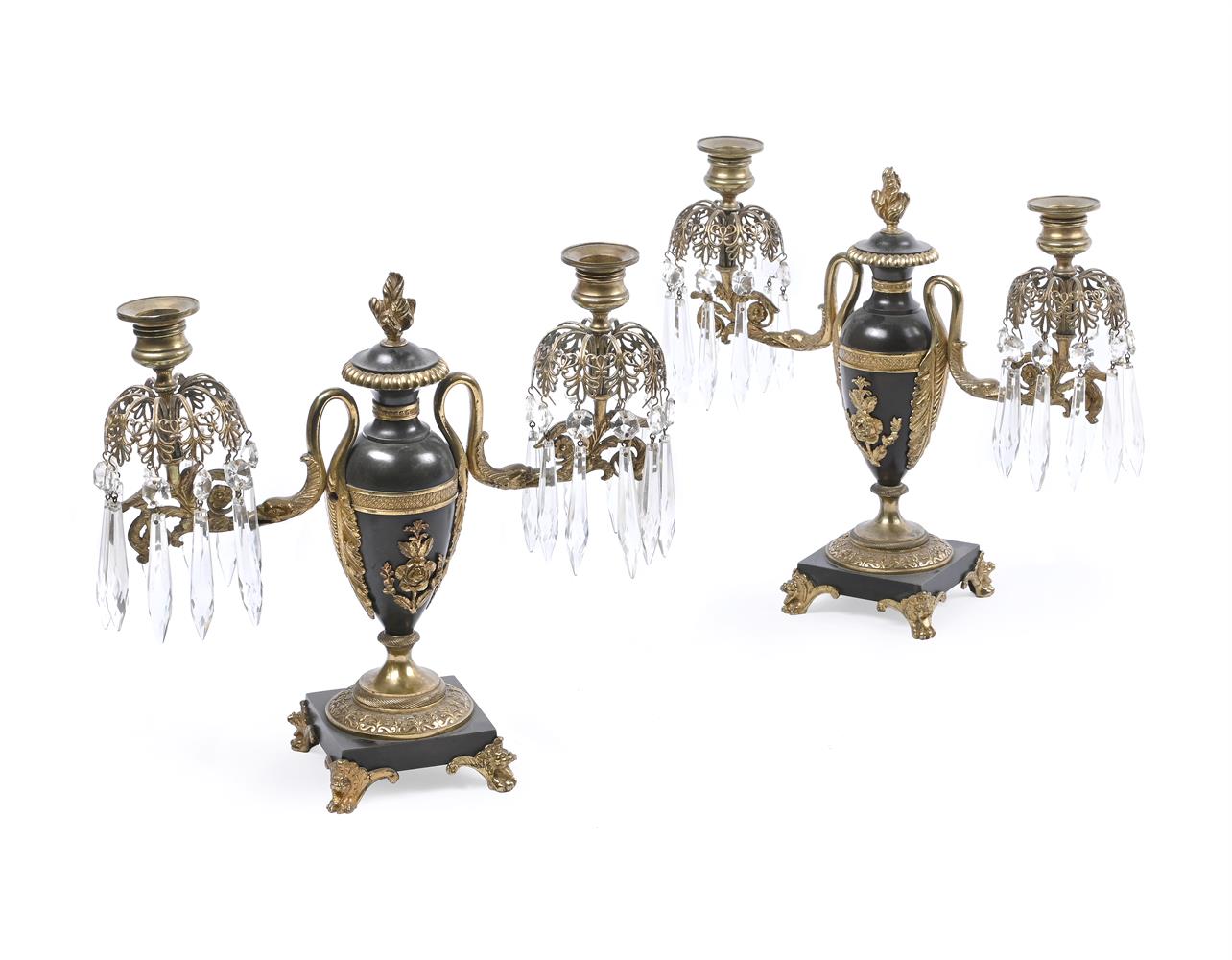 A PAIR OF REGENCY PATINATED AND GILT BRONZE TWIN LIGHT CANDELABRA, EARLY 19TH CENTURY - Image 2 of 3