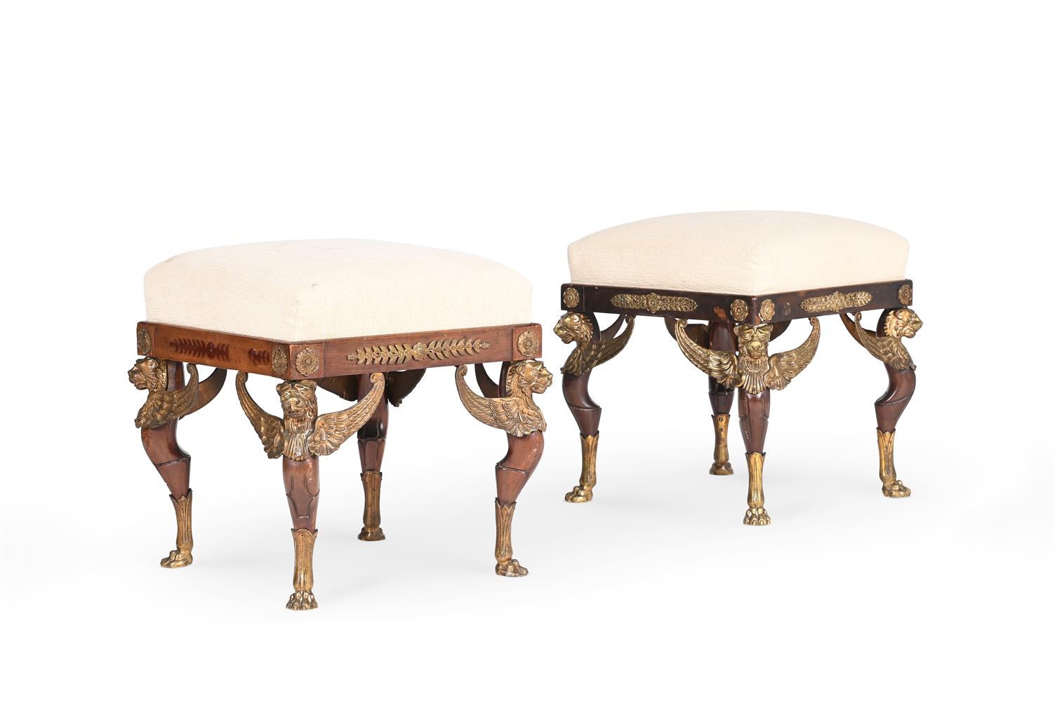 A MATCHED PAIR OF FRENCH MAHOGANY AND GILT METAL MOUNTED STOOLS, LATE 19TH OR EARLY 20TH CENTURY