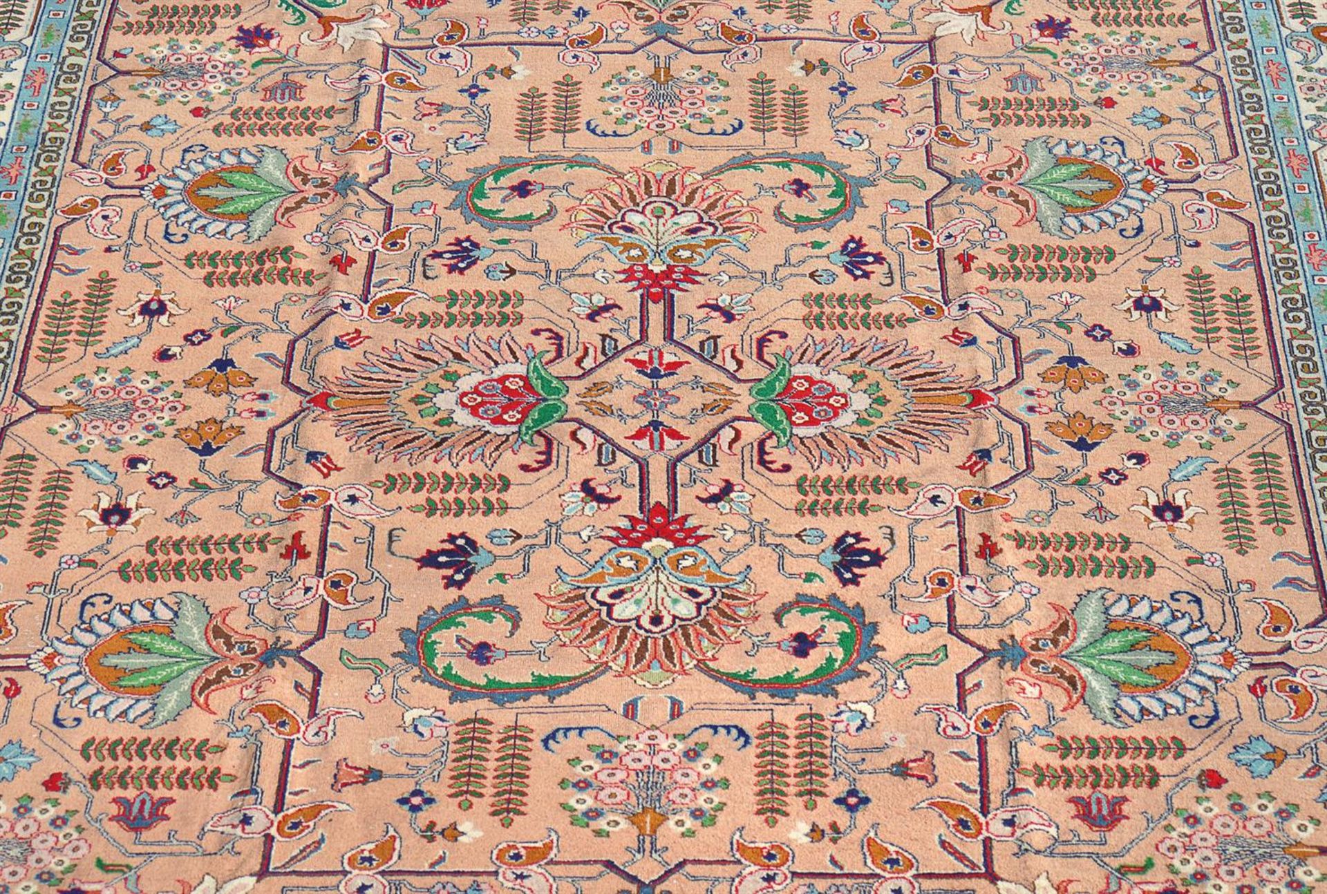 A TABRIZ CARPET, SIGNED BY MASTER WEAVER JAVAN AMIR KHIZ, approximately 386 x 313cm - Image 2 of 2