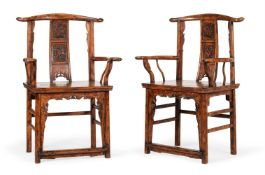 A PAIR OF CHINESE ASH 'OFFICIAL'S HAT' OPEN ARMCHAIRS, LATE 19TH OR EARLY 20TH CENTURY