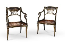 A PAIR OF GEORGE III PAINTED AND PARCEL GILT ARMCHAIRS, CIRCA 1800