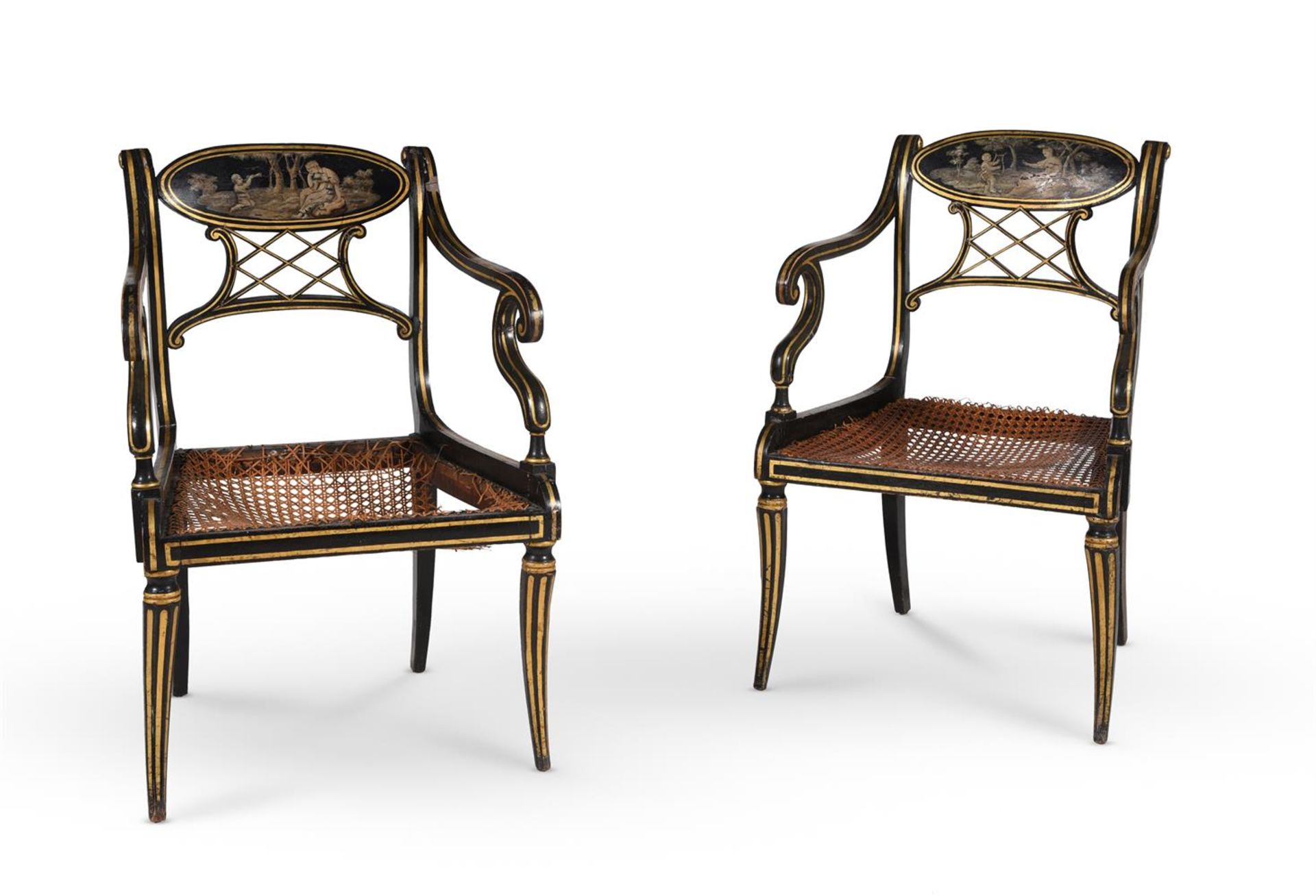 A PAIR OF GEORGE III PAINTED AND PARCEL GILT ARMCHAIRS, CIRCA 1800