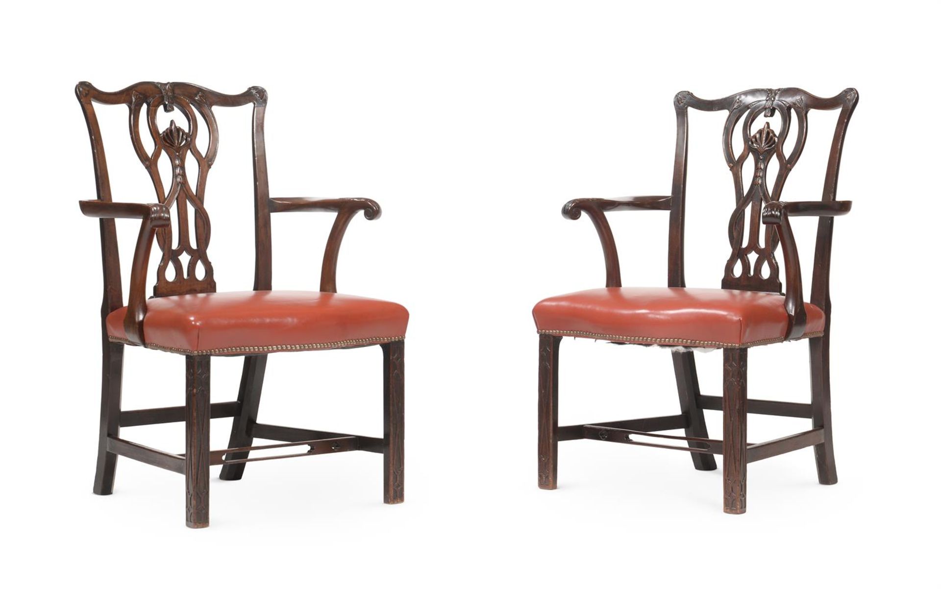 A PAIR OF GEORGE III MAHOGANY OPEN ARMCHAIRS, IN THE MANNER OF THOMAS CHIPPENDALE, CIRCA 1780