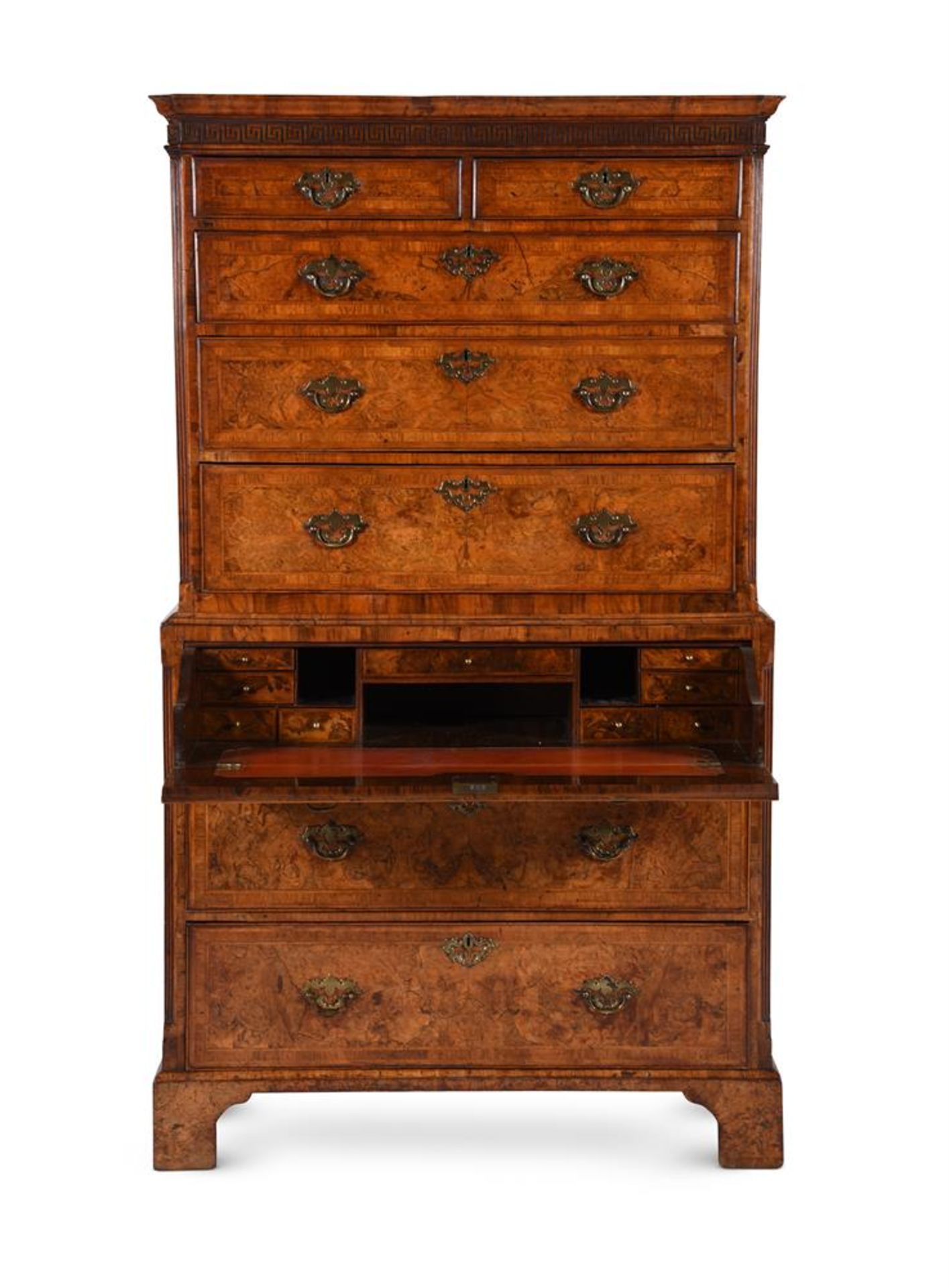 A FINE GEORGE II BURR WALNUT SECRETAIRE CHEST ON CHESTIN THE MANNER OF GILES GRENDEY - Image 2 of 7
