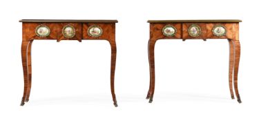 Y A PAIR OF FRENCH TULIPWOOD, GILT METAL AND PORCELAIN MOUNTED SIDE OR CONSOLE TABLES
