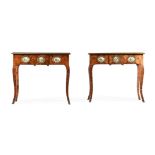 Y A PAIR OF FRENCH TULIPWOOD, GILT METAL AND PORCELAIN MOUNTED SIDE OR CONSOLE TABLES