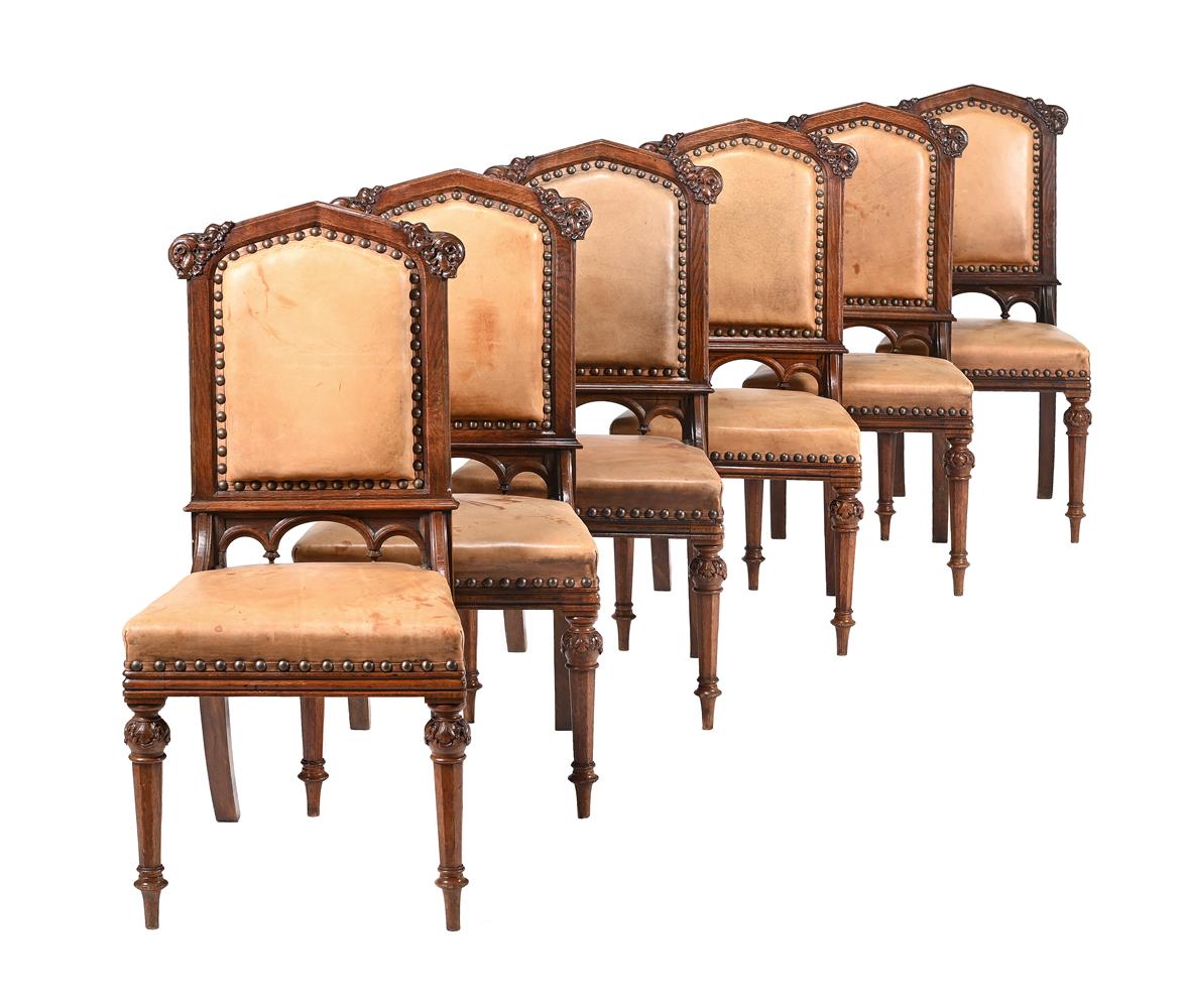 A SET OF SIX VICTORIAN GOTHIC REVIVAL OAK DINING CHAIRS, IN THE MANNER OF A.W.N. PUGIN, CIRCA 1840