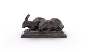 ANTOINE-LOUIS BARYE (FRENCH, 1795-1875), A BRONZE GROUP OF A PAIR OF RABBITS