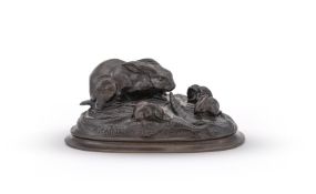 AUGUSTE CAIN (FRENCH, 1821-1894), A BRONZE MODEL OF RABBIT WITH YOUNG