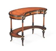 Y A VICTORIAN AMBOYNA AND EBONISED WRITING TABLE, BY GILLOW, CIRCA 1870