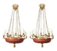 A LARGE PAIR OF EMPIRE STYLE SIXTEEN LIGHT CHANDELIERS, LATE 20TH CENTURY