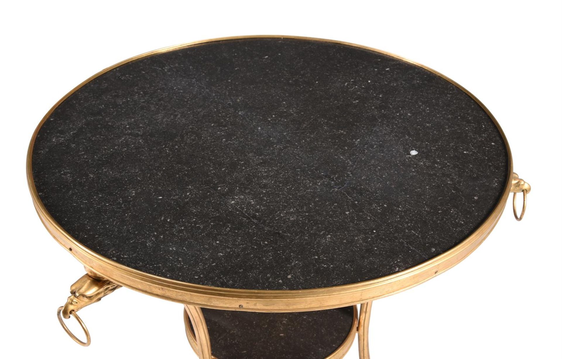 A PAIR OF GILT METAL AND BELGIAN BLACK MARBLE GUERIDONS OR CENTRE TABLES IN EMPIRE STYLE - Image 2 of 5