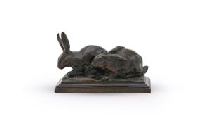 ANTOINE-LOUIS BARYE (FRENCH, 1795-1875), A BRONZE GROUP OF A PAIR OF RABBITS
