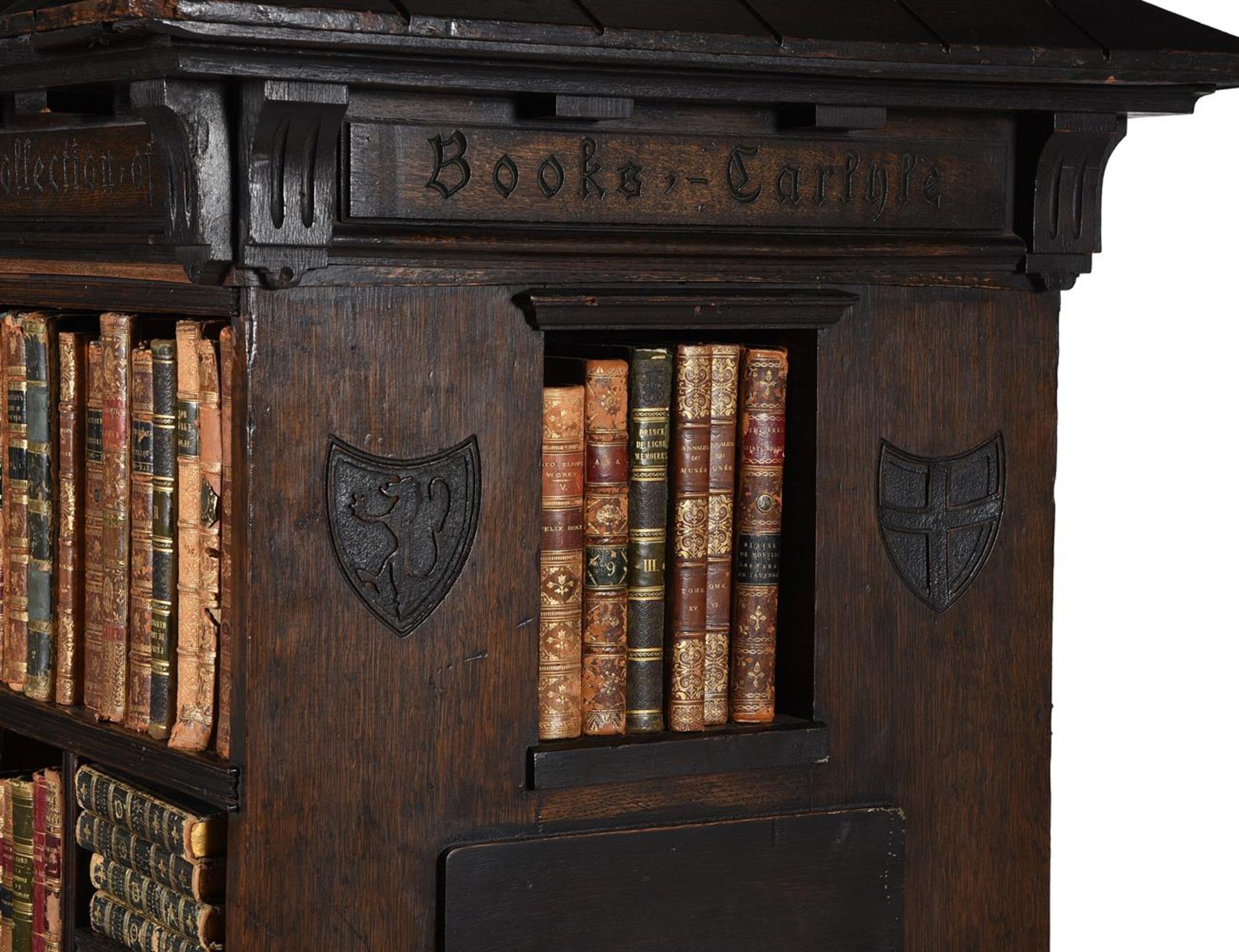 AN OAK TABARD INN LIBRARY BOOKCASE, IN THE MANNER OF RICHARD NORMAN SHAW, CIRCA 1890 - Image 4 of 7