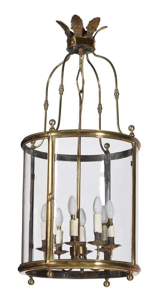 A LARGE BRASS AND GLASS DRUM LANTERN LIGHT, IN GEORGE III STYLE, 20TH CENTURY