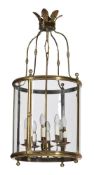 A LARGE BRASS AND GLASS DRUM LANTERN LIGHT, IN GEORGE III STYLE, 20TH CENTURY