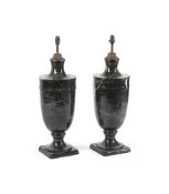 A LARGE PAIR OF VEINED BLACK MARBLE URN LAMP BASES LATE 19TH CENTURY