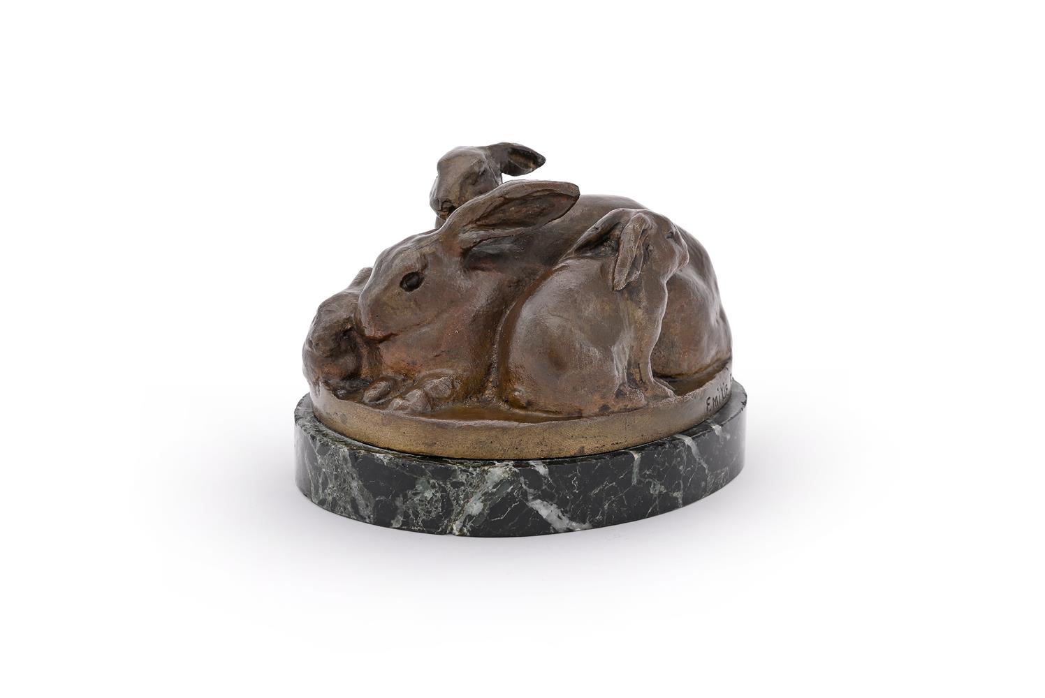 EMILIE L. FIERO (WISCONSIN/CALIFORNIA, 1889-1974), A BRONZE GROUP OF MOTHER RABBIT WITH THREE YOUNG