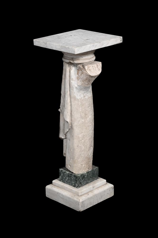 AN ANCIENT ROMAN MARBLE FRAGMENT MADE INTO A PEDESTAL, ANTIQUE AND LATER - Image 2 of 2